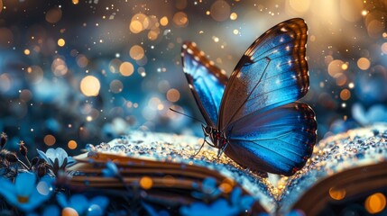 A vibrant blue butterfly resting on an open book with sparkling bokeh lights in the background, creating a whimsical and magical atmosphere.
