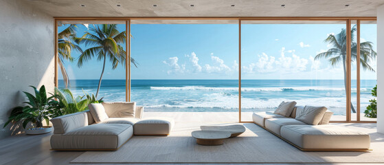 Obraz premium Modern beachfront living room with minimalist style, large glass windows showcasing ocean view, perfect for ad posters
