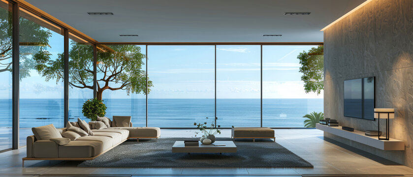 Fototapeta Modern beachfront living room interior with minimalist decor, expansive sea view windows