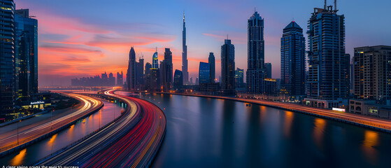 Fototapeta premium Dubai skyline at dusk with the Burj Khalifa in the distance.