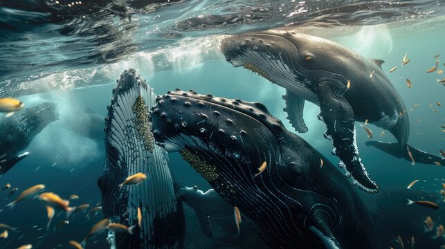 A group of Humpback whales consuming krill