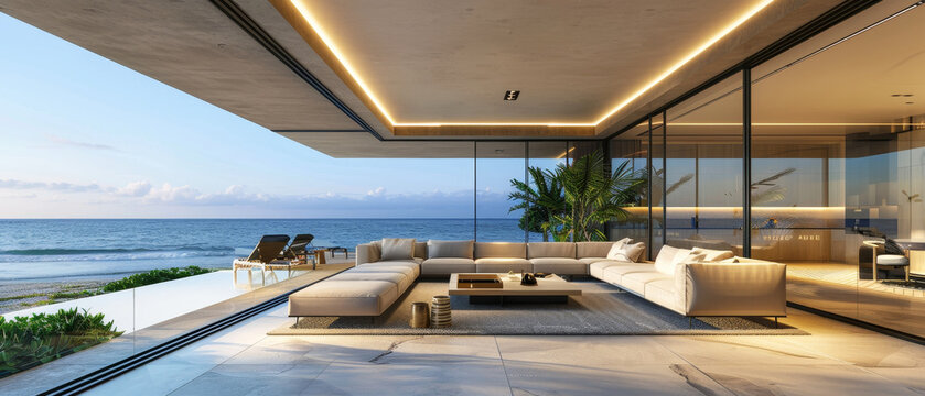 Luxury beachfront living room with minimalist style, expansive sea views, sleek furniture