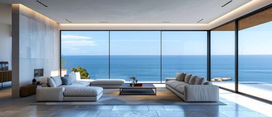 Elegant minimalist living room with large windows overlooking the sea, contemporary furniture, 3D rendering