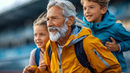 Obraz premium Sharing a love for sports, a grandfather and his grandchildren engage in active play. Demonstrating a commitment to health and family unity, the older generation leads by example.