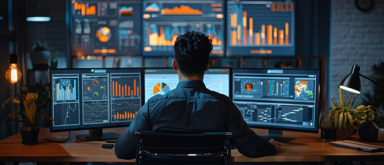 Data analyst in office, overwhelmed by charts and graphs on screens, analytical software open