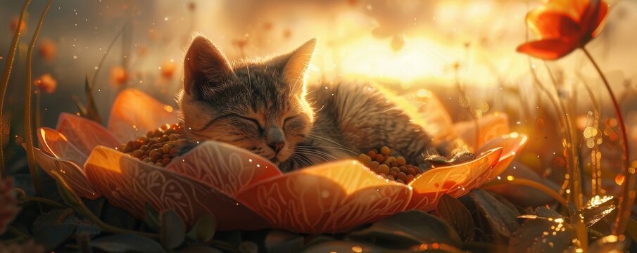 A tabby cat naps peacefully in a field of golden light.