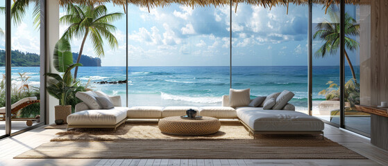 Obraz premium Beachfront luxury living room with minimalist style and panoramic sea views