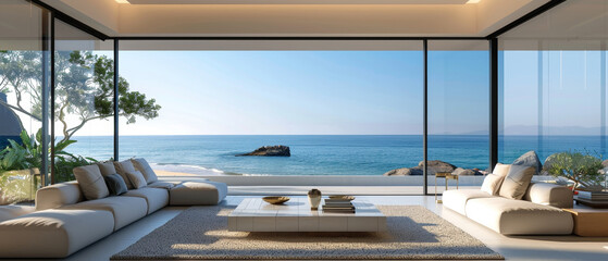 Fototapeta premium Beachfront luxury living room with minimalist style and panoramic sea views