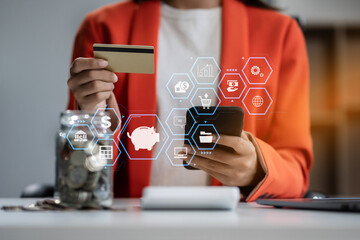 Businesswoman calculating monthly office expenses, taxes, bank account balance and credit card bills payment, Income is not enough for expenses in office.