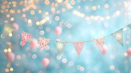 A festive garland of colorful flags hangs against a soft blue bokeh background.  Perfect for celebratory occasions.