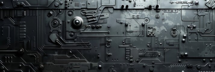 Futuristic Industrial Machine Interface. Intricate Mechanical Components On Dark Textured Background