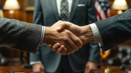 The national flag serves as the backdrop for two business partners shaking hands, symbolizing their formal agreement with American authorities.