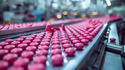 Obraz premium Pharmaceutical Pills on Conveyor Belt in Industrial Factory