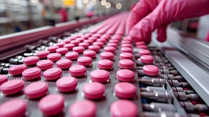 Obraz premium Pharmaceutical Manufacturing Process with Pink Pills on Conveyor Belt