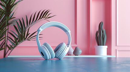 Modern white headphones on a background with accents of pink and blue tones. A great choice for advertising gadgets.