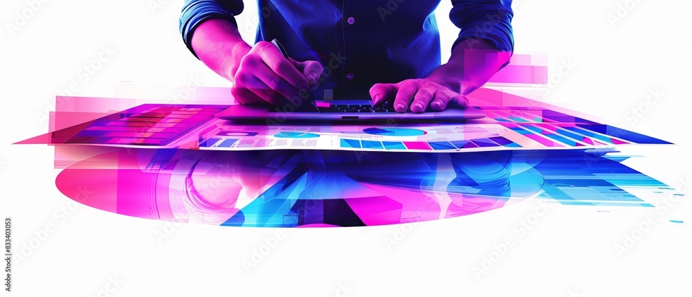 Aufkleber a digital artist creating graphic design on a tablet with vibrant colors and dynamic movement, repre