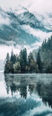 Misty Forest Reflection in Serene Mountain Lake
