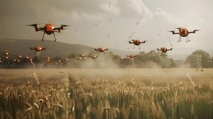 Depict a drone swarm planting seeds across a large field