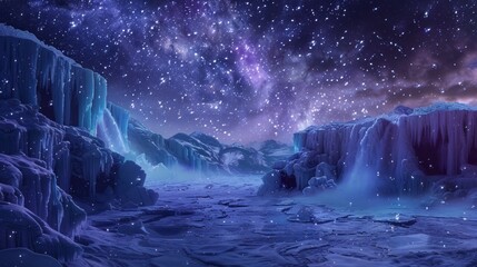Starlit sovereign of the ancient sky atop frozen waterfalls background, ai generated