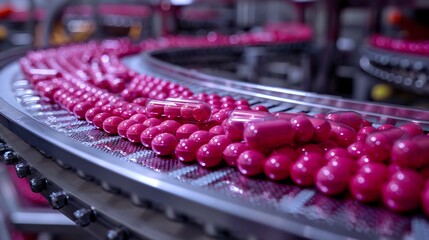 Pharmaceutical Factory Production Line with Pink Pills and Capsules