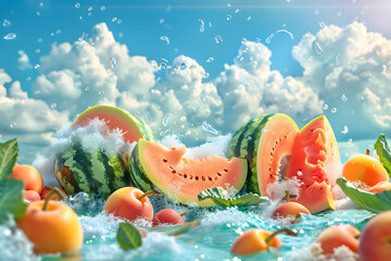 watermelons and orange peaches blended, a blue sky and clouds in the background