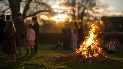 10. A heartwarming moment of family togetherness as loved ones gather around a crackling bonfire for an Easter evening celebration
