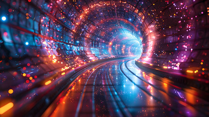 Fototapeta premium Vibrant futuristic tunnel with glowing cosmic lights, Generative AI