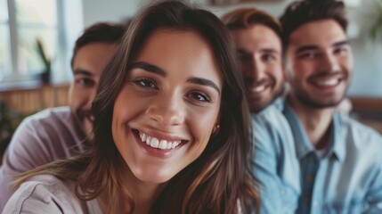 Obraz premium Smiling woman embracing two partners in a polyamorous triad.