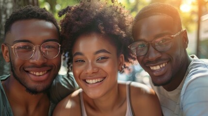 Smiling woman embracing two partners in a polyamorous triad.