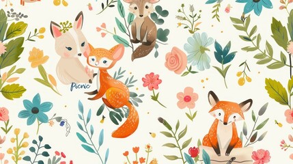 Springtime themed illustration design pattern with elements of leaves, flowers and cute animals and bee.