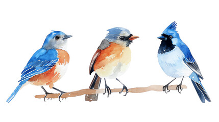Fototapeta premium A beautiful watercolor painting of three bluebirds perched on a branch. The perfect addition to any home or office.
