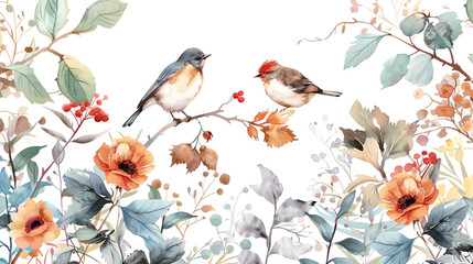 A beautiful watercolor painting of a wreath of flowers and birds. The perfect way to add a touch of elegance to any room.