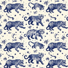 tiger seamless pattern in blue color