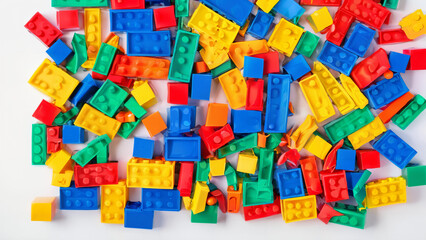 Colorful plastic children's building blocks mockup isolated on white background, top view
