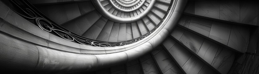 Fototapeta premium A stunning black-and-white photo of a spiraling staircase with intricate railing design and stone steps, creating a mesmerizing visual effect.