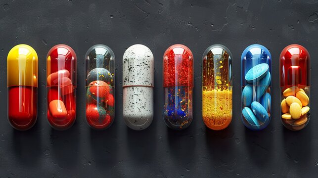 Colorful Capsules Display On Dark Background