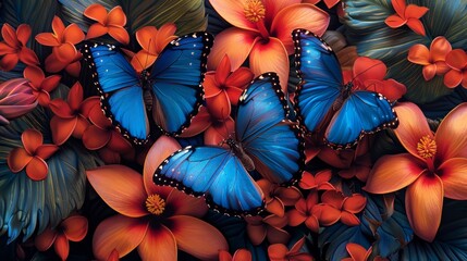 A stunning image of vibrant blue butterflies resting on bold orange flowers, creating a mesmerizing contrast in colors.