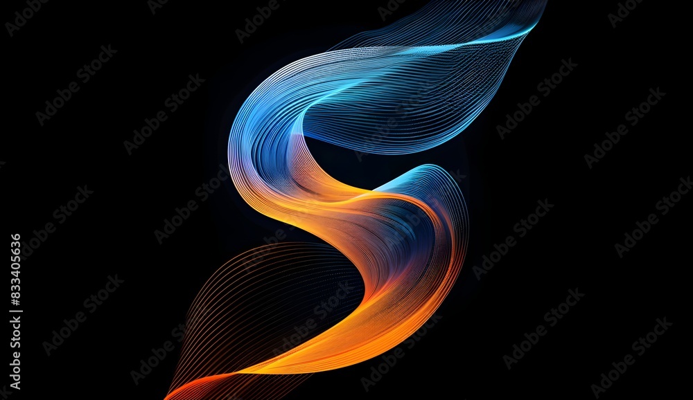 Poster a gradient from blue to orange, the shape is like an abstract wavy line on a black background with a