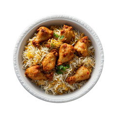 Fototapeta premium A Hot Delicious bowl of biryani with chicken pieces isolated on a transparent background png. Beautiful view of traditional spicy indian food, Iftar meal, Ramadan dinner.