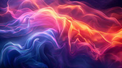 An abstract background with swirling, smoke-like patterns in vibrant neon colors. Use smooth, flowing lines and glowing edges to create a dynamic, otherworldly atmosphere that feels both energe