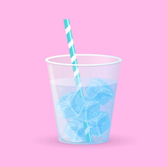 Ice cubes in a cup of water with bubbles and straw. Vector design.