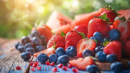 close-up of fresh summer fruits on a rustic wooden table, vibrant colors, strawberries, blueberries, watermelon, bright sunlight, Generated with AI
