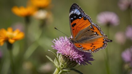 Fototapeta premium Macro shot of A vibrant butterfly perched on a colorful flower. The wings of the butterfly should be open, displaying their full pattern and color. A blooming meadow with a variety of wildflowers. The