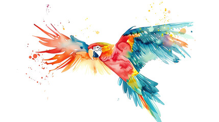 Obraz premium A multi-colored parrot is flying with its wings spread wide. The background is white.
