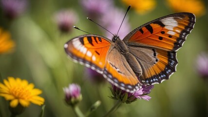 Macro shot of A vibrant butterfly perched on a colorful flower. The wings of the butterfly should be open, displaying their full pattern and color. A blooming meadow with a variety of wildflowers. The