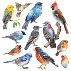 A variety of colorful birds are perched on branches. The birds are all different colors, including blue, green, yellow, orange, and red.