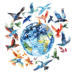 Obraz premium A watercolor painting of a flock of birds flying around the Earth