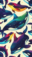 cute cartoon, rainbow orcas jumping, repeating pattern