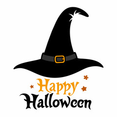 "Happy Halloween" using a witch's hat silhouette on a white background