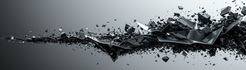 Abstract black shattered glass shards on a gradient background, creating a dynamic and futuristic visual effect.